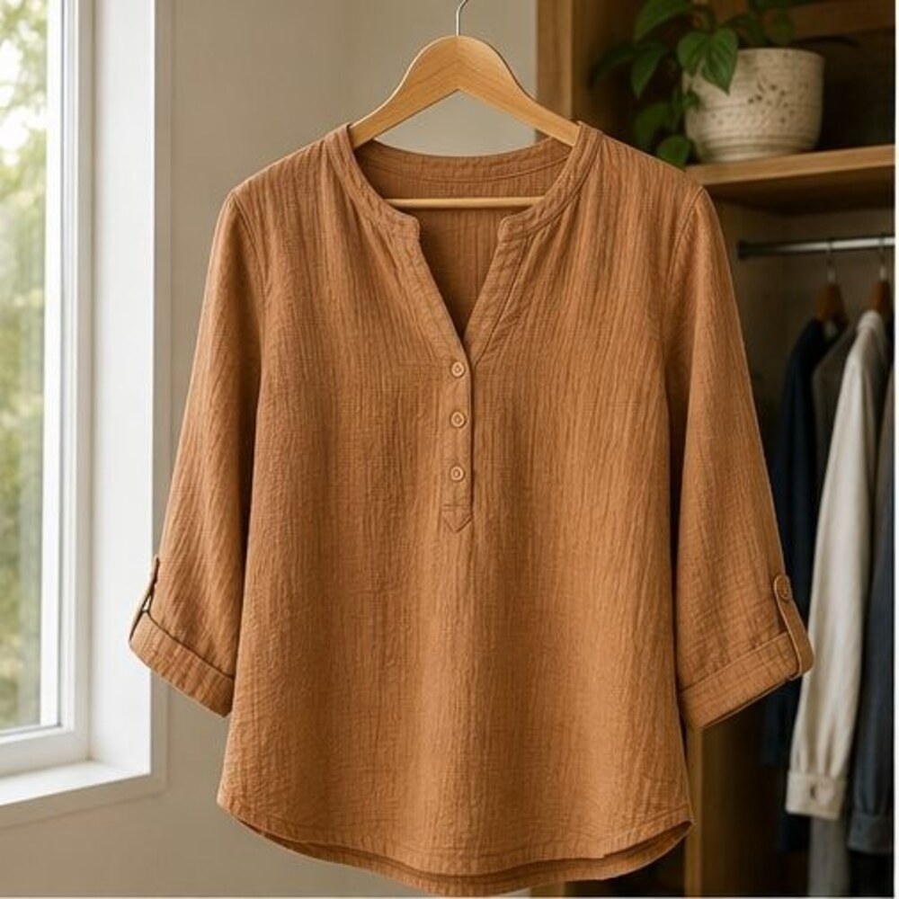 Camel Henley Notch Neck Blouse